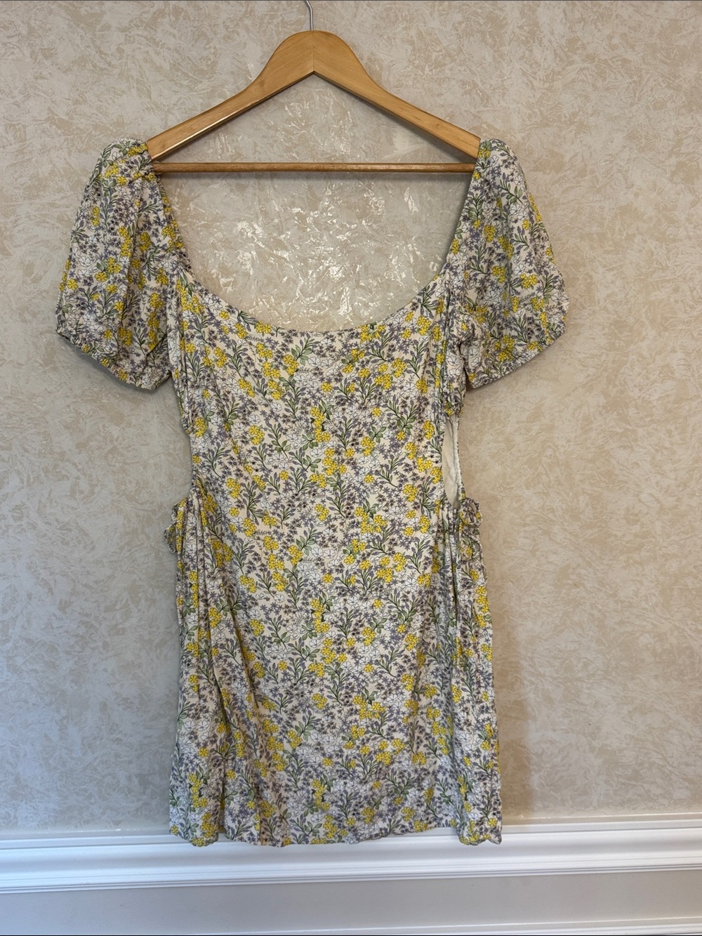 Astr Yellow Floral Square-Neck Mini Dress with side cutouts